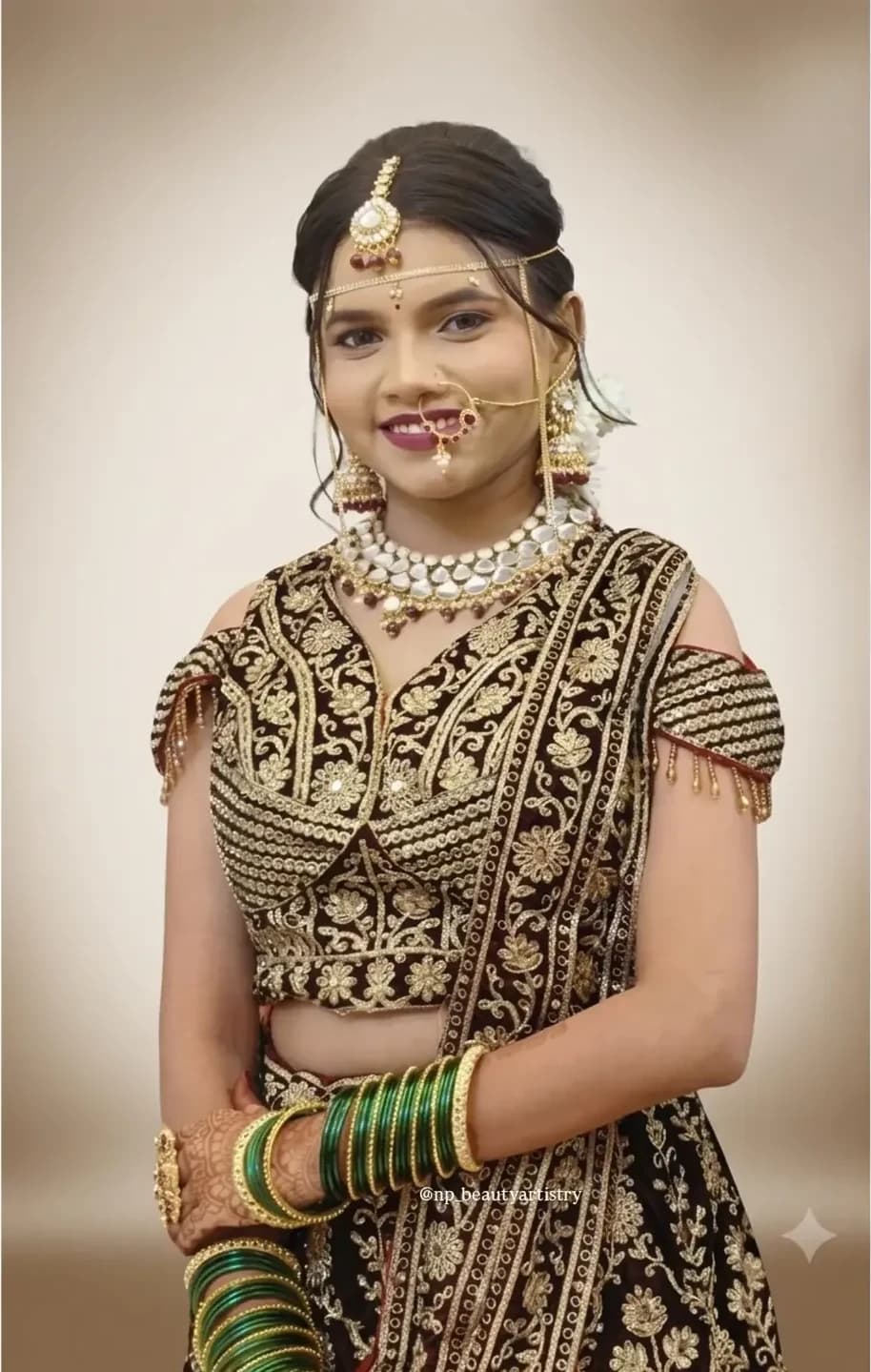 Full bridal look — velvet lehenga, layered kundan set, green chooda and mehndi
