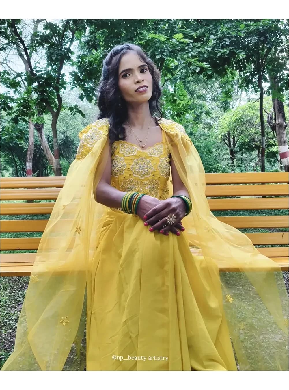 Daylight festive look in a yellow gown — fresh skin, soft eye and a warm lip